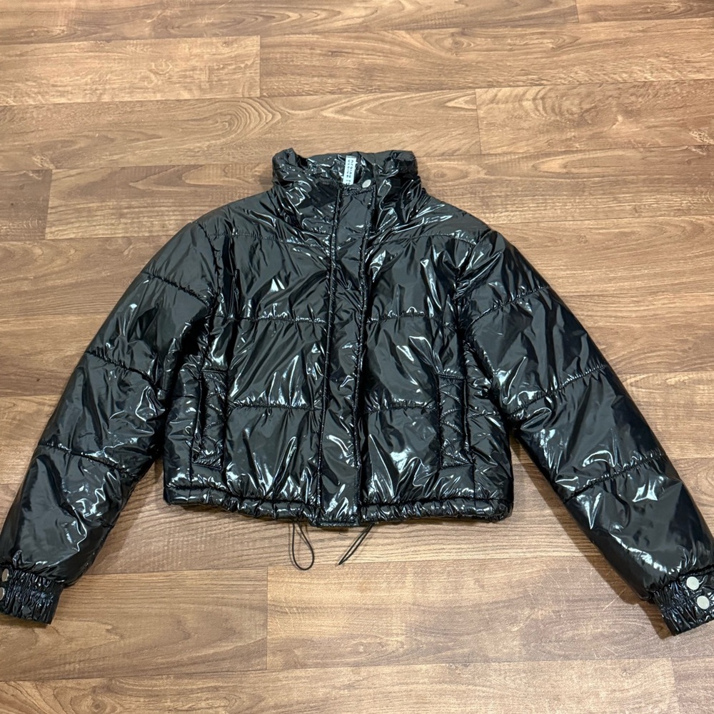 Designer lab cropped shiny black coat/ jacket size small